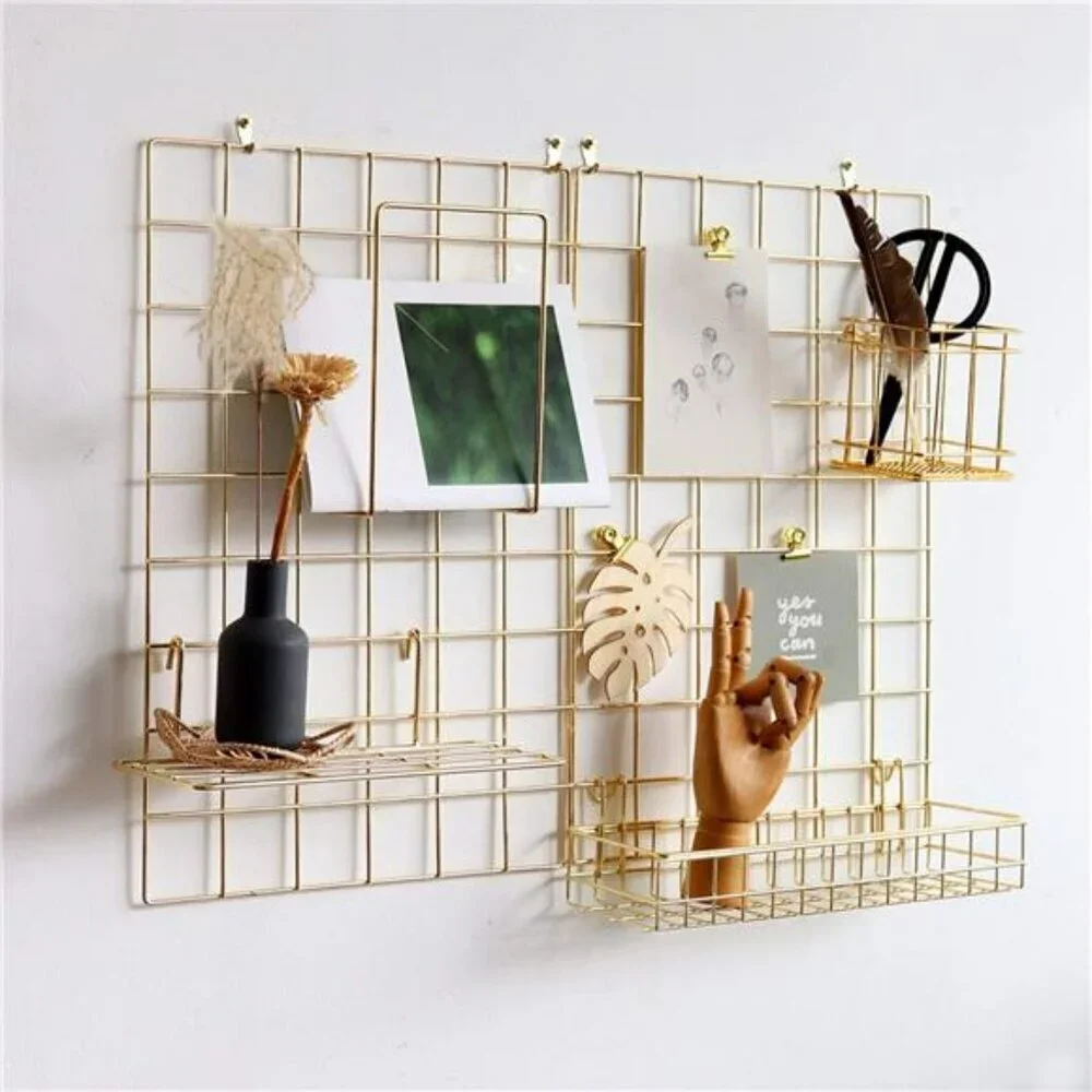 Gold Wall Grid Panel Set Photo Display Organizer with Hooks Clips 2 Pack